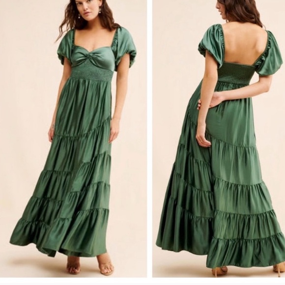 Free People Dresses & Skirts - Free People sundrenched green Smocked Puff-Sleeve Maxi Long tiered Dress New